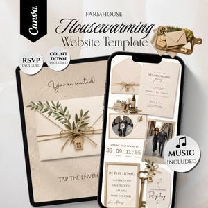 Pode incluir: Um modelo de site para inauguração de casa estilo fazenda exibido em um tablet e smartphone. O design apresenta envelopes bege, detalhes de ramos de oliveira, um cronômetro, galerias de fotos e o texto Housewarming Website Template.