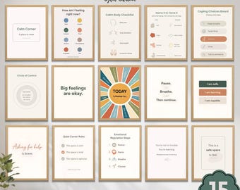 Calming Corner Posters, 15 Classroom Emotional Regulation Prints, Circle of Control & Feelings Chart
