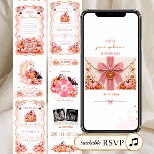 Puede incluir: Un conjunto de invitaciones digitales para baby shower con temática de calabazas en rosa y naranja, decorado con flores, telarañas y lazos. El diseño incluye textos como A little pumpkin is on the way, Books for Baby y Save the Date, mostrados en una pantalla de smartphone y paneles verticales.