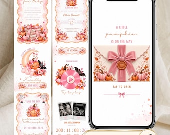 A Little Pumpkin Baby Shower Website, Girl Pink Bow Fall Invitation with RSVP, Interactive Canva Template, Music, Countdown