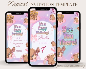 Capybara Birthday Invitation, Animated Capybara Video Invite, Cute Kawaii Capybara Party, Editable Kids Birthday Invite, Digital Download