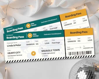 Boarding Pass Pregnancy Announcement Ticket, Editable Baby Reveal Plane Ticket for Grandparents, Aunts, Uncles, Friends, Canva Template