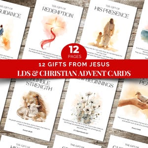 May include: A set of 12 LDS and Christian Advent cards. Each card features watercolor illustrations and text, with titles like "His Guidance," "Redemption," and "His Presence." The cards are displayed on a wooden surface.