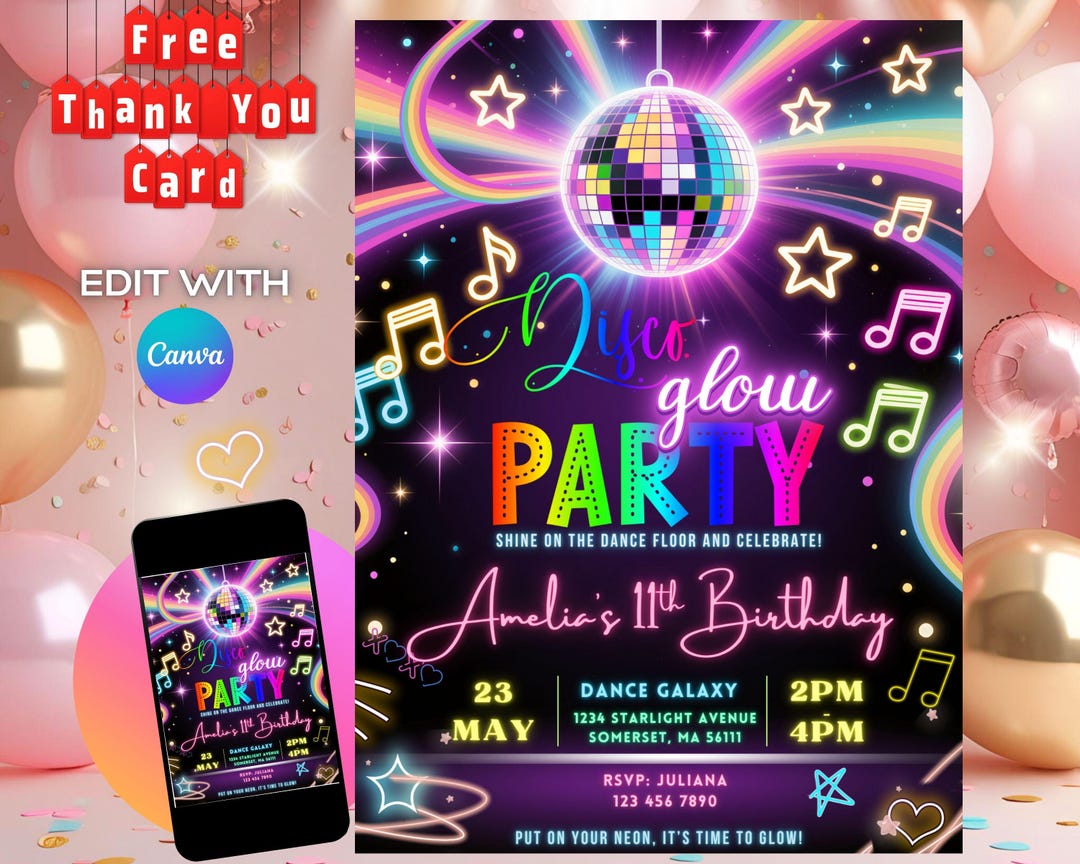 Editable Disco Glow Party Invitation, Neon Glow Dance Party Birthday ...
