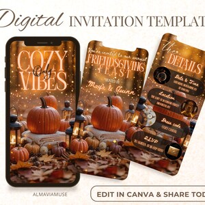 May include: Digital invitation template with a fall theme. The design features pumpkins, lanterns, and autumn leaves. The text includes "COZY VIBES" and details for a "FRIENDSGIVING FEAST". The invitation is designed to be edited in Canva.
