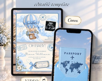 Blue Passport Baby Shower Video Invitation, Baby on the Way, Baby Boy Shower Invite, Animated Baby Shower Evite, Canva Template