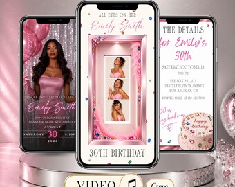 Pink Photo Booth Birthday Video Invitation, Bedazzled 30th Birthday Invite, Glam Digital Birthday Invitation, Editable Canva Template