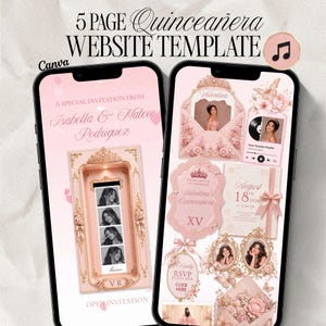 May include: A 5-page Quinceañera website template displayed on two smartphones. The design features a soft pink colour palette with ornate gold frames, floral accents, and butterfly motifs. Text includes "5 PAGE QUINCEAÑERA WEBSITE TEMPLATE", "A SPECIAL INVITATION FROM Isabella & Mateo Rodriguez", "Valentina's Quinceañera", "August 18th 2026", and "RSVP CLICK HERE".