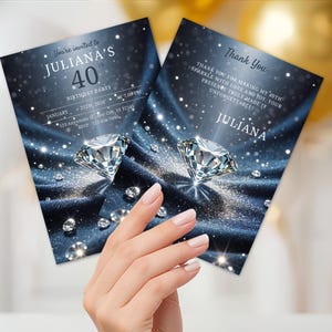 May include: Two invitation cards with a dark blue background, sparkling diamond accents, and the text "You're invited to Juliana's 40th Birthday Party." One card reads "Thank You, Juliana."