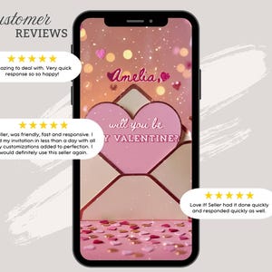 May include: A smartphone displays a Valentine's Day design with a pink heart-shaped card that reads "Will you be my Valentine?" The design includes the name "Amelia" and customer reviews with five-star ratings.