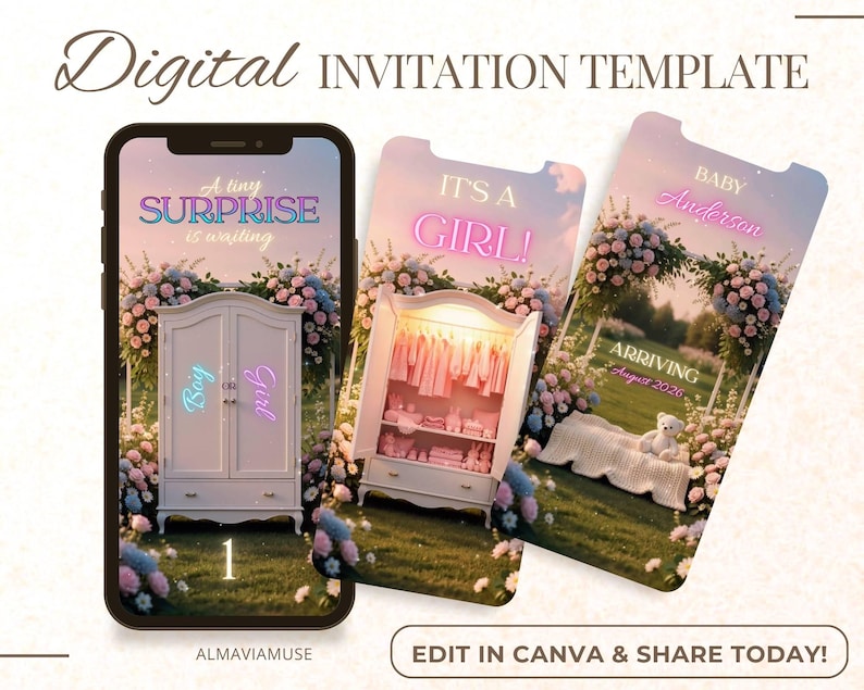 Gender Reveal Movie Girl, It’s a Girl Reveal, Baby Announcement Video, Closet Reveal Video, Canva Video Template, Instant Download image 5
