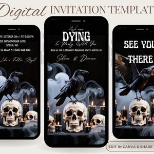 Könnte beinhalten: Digitale Einladungsvorlage mit Gothic-Thema. Das Design zeigt drei Smartphones, die einen Raben auf einem Schädel, Kerzen und Raucheffekte anzeigen. Der Text enthält Eventdetails und Sätze wie "Dying to Party With You."