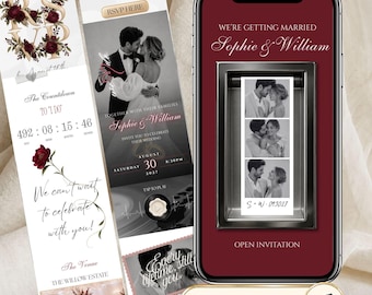 Burgundy Photo Booth Wedding Website, Digital Wedding Invitation with RSVP, Editable Canva Template, Music, Countdown, Interactive Invite