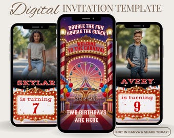 Circus Birthday Invitation, Circus Video Invitation, Double Birthday Invite, Festival Online Invitation, Digital Circus, Editable Canva
