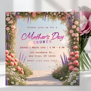 May include: Mother's Day brunch invitation with floral archway design. The invitation features the text "Mother's Day Brunch" with event details. A vase of pink peonies sits to the right of the invitation.