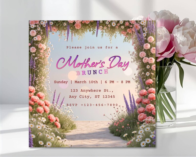 May include: Mother's Day brunch invitation with floral archway design. The invitation features the text "Mother's Day Brunch" with event details. A vase of pink peonies sits to the right of the invitation.