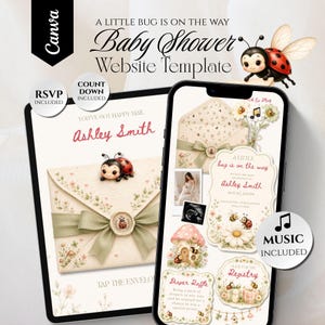 May include: A digital baby shower website template displayed on a tablet and smartphone. The design features a ladybug theme with floral accents, an envelope graphic, and text including A LITTLE BUG IS ON THE WAY, Baby Shower Website Template, and Ashley Smith.