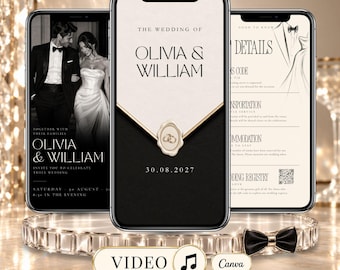 Black Tie Wedding Video Invitation, Elegant Wedding Animation, Editable Canva Digital Invite with Music, Animated Wedding Invitation
