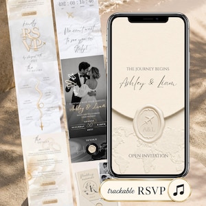 Op de afbeelding: Een digitale trouwuitnodiging op een smartphonescherm met een crèmekleurige envelop, een waszegel, een wereldkaart op de achtergrond en de tekst The Journey Begins Ashley & Liam. Daarnaast toont een verticale lay-out de details van het evenement.