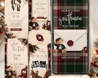 Preppy Teddy Christmas Baby Shower Website with RSVP, Tartan Boy Baby Shower Invite, Little Gentleman Editable Canva Template