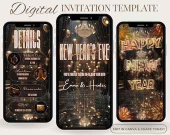 New Years Invitation, New Year Invite, New Year 2026 Party, Happy New Year Gold Black, Cheers to the New Year, Editable Video Invitation