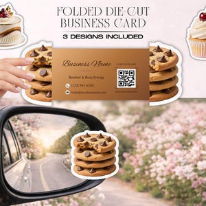 May include: A folded die-cut business card with a brown gradient design, featuring a QR code and contact information. The image includes illustrations of a cake, a cupcake, and chocolate chip cookies. The text reads "3 DESIGNS INCLUDED."