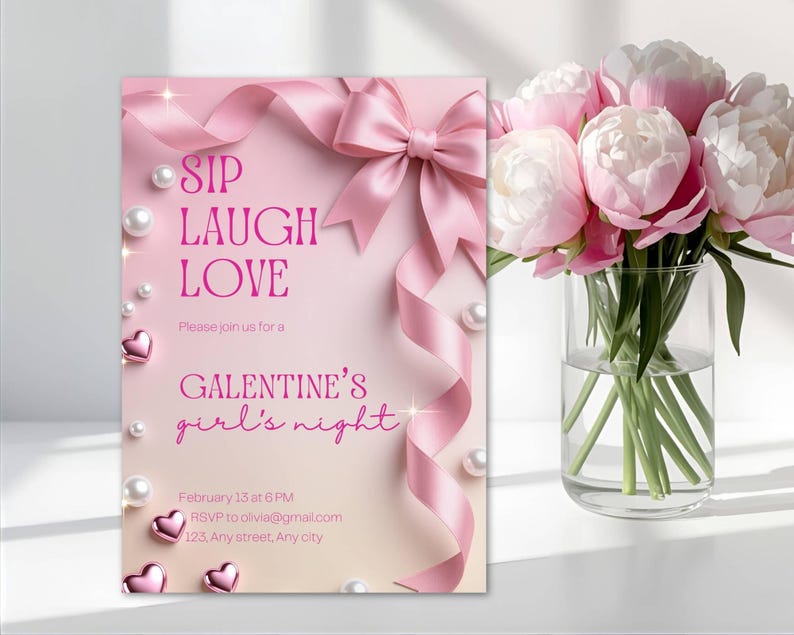 May include: A pink Galentine's Day invitation with the words "SIP LAUGH LOVE" and "GALENTINE'S girl's night." The invitation features a pink ribbon, pearls, and heart accents. A bouquet of pink peonies in a glass vase is on the right.