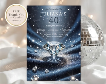 Denim and Diamond Birthday Invitation, Editable Canva Template, Luxury Digital Invite, Denim & Diamonds Party Invitation for Adults