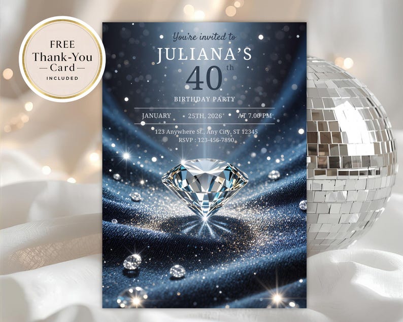 May include: A party invitation with a diamond theme. The invitation is dark blue with sparkling accents and features the text "You're invited to JULIANA'S 40th BIRTHDAY PARTY". A disco ball and a "FREE Thank-You Card - INCLUDED" sticker are also visible.
