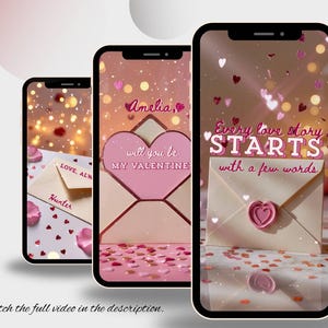 May include: Three smartphones displaying Valentine's Day themed graphics. The screens show an envelope with a heart-shaped seal, the text "Every love story STARTS with a few words", and the names "Amelia" and "Hunter". Pink confetti and hearts are scattered around.