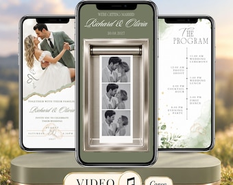 Sage Green Photo Booth Wedding Video Invitation, Editable Canva Wedding Invite with Music, Greenery Digital Wedding Evite
