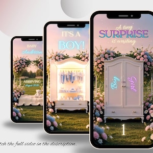 May include: Three smartphones displaying baby announcement graphics. The first phone shows a bed with a teddy bear and the text "Baby Anderson Arriving August 2026." The second phone says "It's a Boy!" The third phone says "A tiny Surprise is waiting" with "Boy or Girl" on a wardrobe.