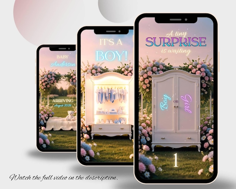May include: Three smartphones displaying baby announcement graphics. The first phone shows a bed with a teddy bear and the text "Baby Anderson Arriving August 2026." The second phone says "It's a Boy!" The third phone says "A tiny Surprise is waiting" with "Boy or Girl" on a wardrobe.