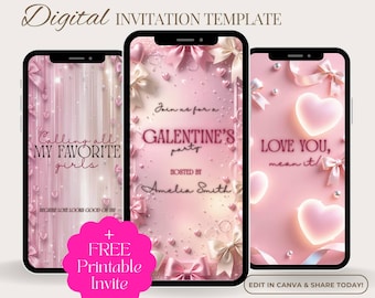 Galentines Party Invitation, Editable Galentine’s Day Video Invite, Digital Galentines Invitation with Printable Invite & Thank You Card