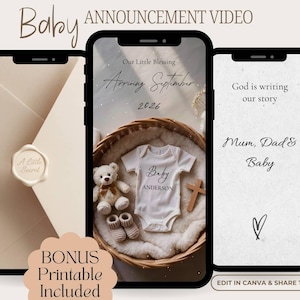 Video de anuncio de embarazo, revelación cristiana del bebé, anuncio con versículo bíblico, plantilla editable de Canva