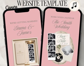 Pink Photo Booth Save the Date Website, Wedding Website Template, Digital RSVP, Canva Invitation with Music & Countdown