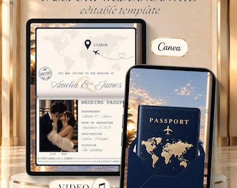 Navy Passport Wedding Video Invitation, Destination Wedding Invite, Boarding Pass Canva Template with Music, Digital Travel Wedding Evite
