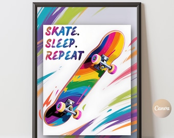 Arte mural de patinetas, plantilla de póster de patinetas, impresiones para habitaciones de adolescentes, decoración para habitaciones infantiles, descarga de arte para dormitorios de niños, arte mural digital de grafiti