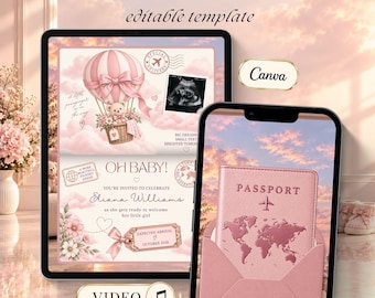 Pink Passport Baby Shower Video Invitation, Little Passenger Baby Invite, Special Delivery, Editable Canva Template