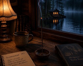 May include: A wooden incense holder with a burning incense stick emitting smoke, placed on a dark wooden surface next to a ceramic mug, a spiral-bound notebook with Swedish text, and a book titled Skogens Tysta Rum, near a lit table lamp.