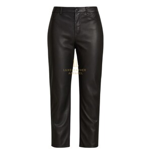 May include: Black leather trousers with a straight leg. The trousers feature a button and zip fastening, belt loops, and pockets. The brand name "LUXE LEATHER APPAREL" is printed on the trousers.