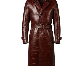 Men's Maroon Crocodile Embossed Cowhide Leather Trench Coat – Belted Long Overcoat