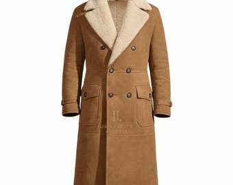 Men's Brown Suede Leather Trench Coat - Luxury Sheepskin Shearling Winter Overcoat With Fur Collar - Double Breasted Long Jacket Gift