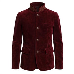 Puede incluir: Una blazer de terciopelo burdeos con cuello mao y tres botones. La blazer tiene dos bolsillos delanteros y un pequeño bolsillo en el pecho. El cuello presenta un diseño bordado.