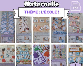 May include: A collection of educational activity cards for preschool children. The cards feature various themes, including letters, numbers, and school-related images. The text "Pack de 10 activités Maternelle" is visible at the top, with "THÈME : L'ÉCOLE!" below. A PDF icon is also present.