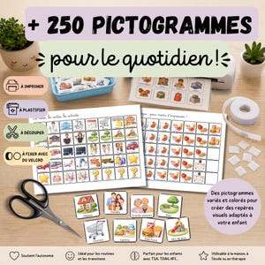 Peut inclure: Ensemble de pictogrammes colorés pour les routines quotidiennes, avec du texte en français. L'image comprend des feuilles imprimées, des ciseaux et des carrés adhésifs. Les pictogrammes sont conçus pour créer des repères visuels pour les enfants.