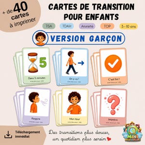 Può includere: Un set di carte di transizione per bambini, con illustrazioni e testo in francese. Le carte sono progettate per bambini dai 3 ai 10 anni e affrontano argomenti come l'ansia e le transizioni. Versione per ragazzi.