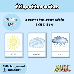 以下が含まれることがあります： 14枚の天気カードセット、各9cm x 12cm、水彩イラストで天候を表しています。カードには太陽、雲、雨の画像があり、フランス語のテキストラベルが付いています。この製品は、すぐにダウンロードできるPDFファイルです。