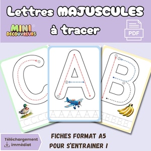 May include: Educational flashcards featuring uppercase letters C, A, and B with dotted lines for tracing. Each card includes a corresponding illustration: a duck, a plane, and bananas. The cards are designed for learning and practice.