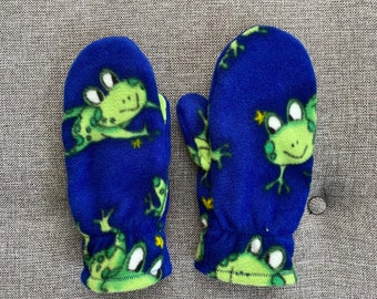 Frog mittens!!  Double layer fleece mittens in fun pattern of green frogs on royal blue background